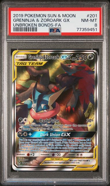 Greninja & Zoroark GX - UNBROKEN BONDS - PSA 8