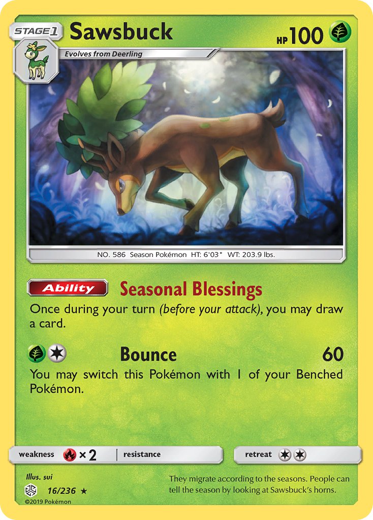 Sawsbuck (16/236) (Prerelease Kit Exclusive) (Theme Deck Exclusive) [Sun & Moon: Cosmic Eclipse] - Comfy Hobbies