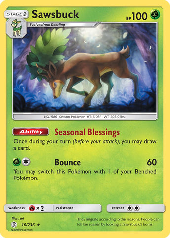 Sawsbuck (16/236) (Prerelease Kit Exclusive) (Theme Deck Exclusive) [Sun & Moon: Cosmic Eclipse] - Comfy Hobbies
