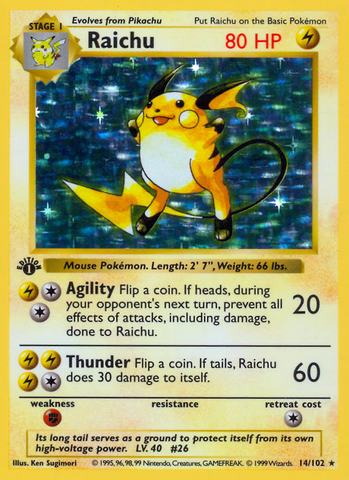 Raichu (14/102) (Shadowless) [Base Set 1st Edition] - Comfy Hobbies