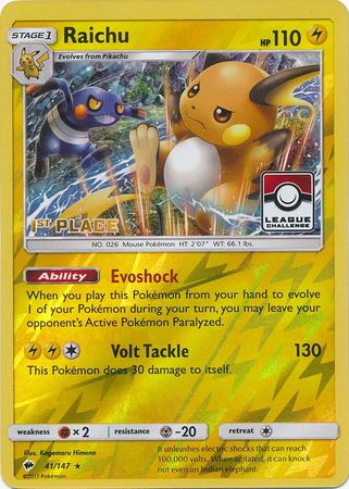 Raichu (41/147) (League Promo 1st Place) [Sun & Moon: Burning Shadows] - Comfy Hobbies