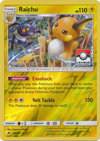 Raichu (41/147) (League Promo 4th Place) [Sun & Moon: Burning Shadows] - Comfy Hobbies
