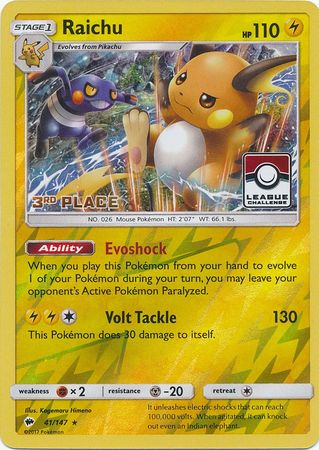 Raichu (41/147) (League Promo 3rd Place) [Sun & Moon: Burning Shadows] - Comfy Hobbies