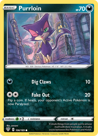 Purrloin (106/189) [Sword & Shield: Darkness Ablaze] - Comfy Hobbies